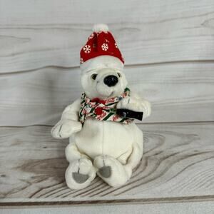 Vintage Coca Cola Bean Bag Plush Polar Bear - Holiday Shirt & Hat - 7" Long